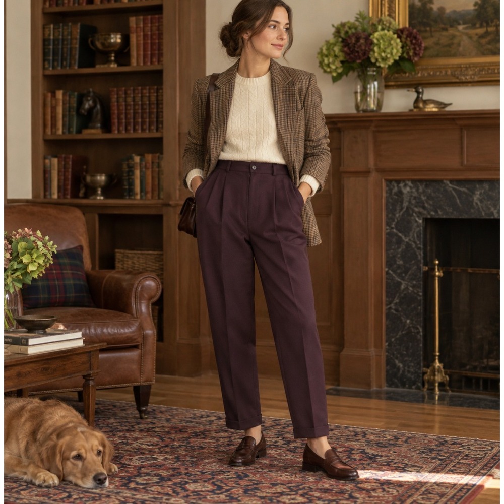 Lauren Ralph Lauren 8P Burgundy Worsted Wool Pleated Cuffed Trousers Vintage 90s